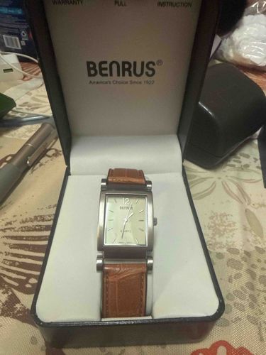 Benrus Rectangular Quartz Wristwatch with Brown Crocodile-Embossed Leather Strap