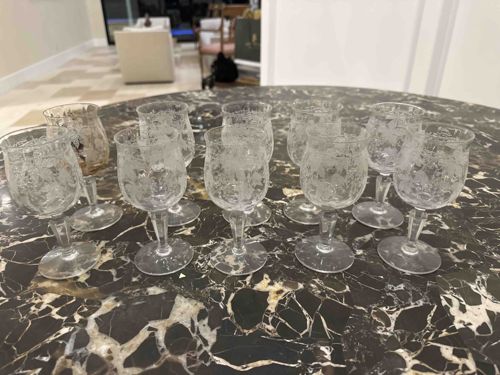 Set of 11 Etched Glass Cordial/Wine Glasses