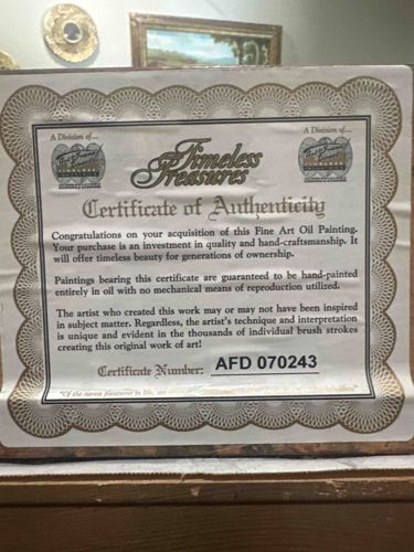 Certificate of Authenticity for Fine Art Oil Painting by Timeless Treasures