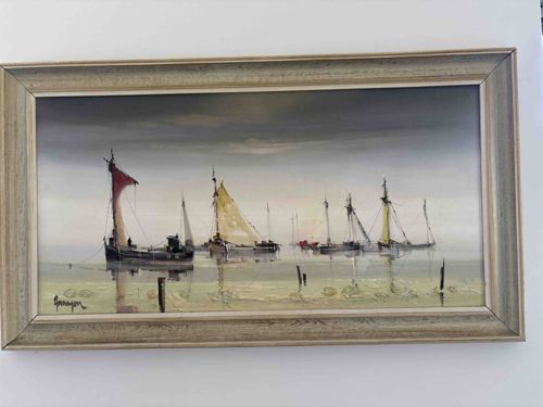 Oil Painting: Harbor Scene with Sailing Boats by Spengler