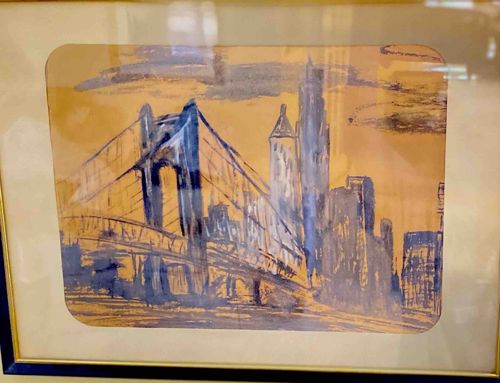 Framed Abstract Cityscape with Bridge Painting/Print