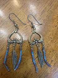 Antiqued Bronze-Tone Feather and Bead Dangle Earrings