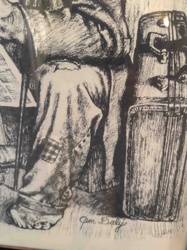 Figurative Ink Drawing by Jim Daly featuring a Person with Patched Trousers and a Suitcase