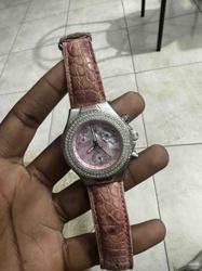 Diamond Bezel Chronograph Watch with Pink Alligator-Embossed Leather Strap