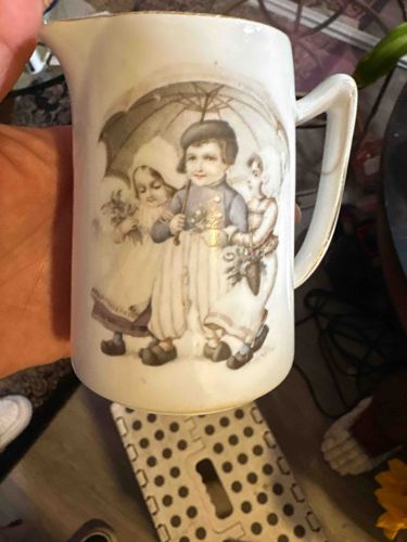 Bavarian Porcelain Creamer with Children Under Umbrella Motif