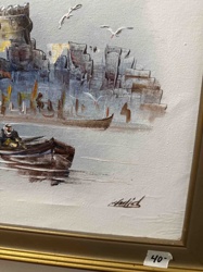Figurative Painting of a Coastal Scene with Boats