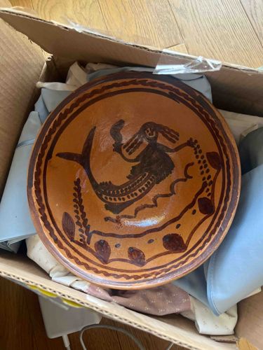 Hand-Painted Terracotta Shallow Bowl with Mermaid Motif