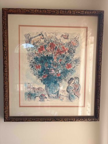 Marc Chagall Style Floral Bouquet with Figures and Animals