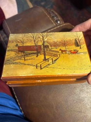 Vintage Cedar Jewelry Box with Winter Sleigh Ride Scene