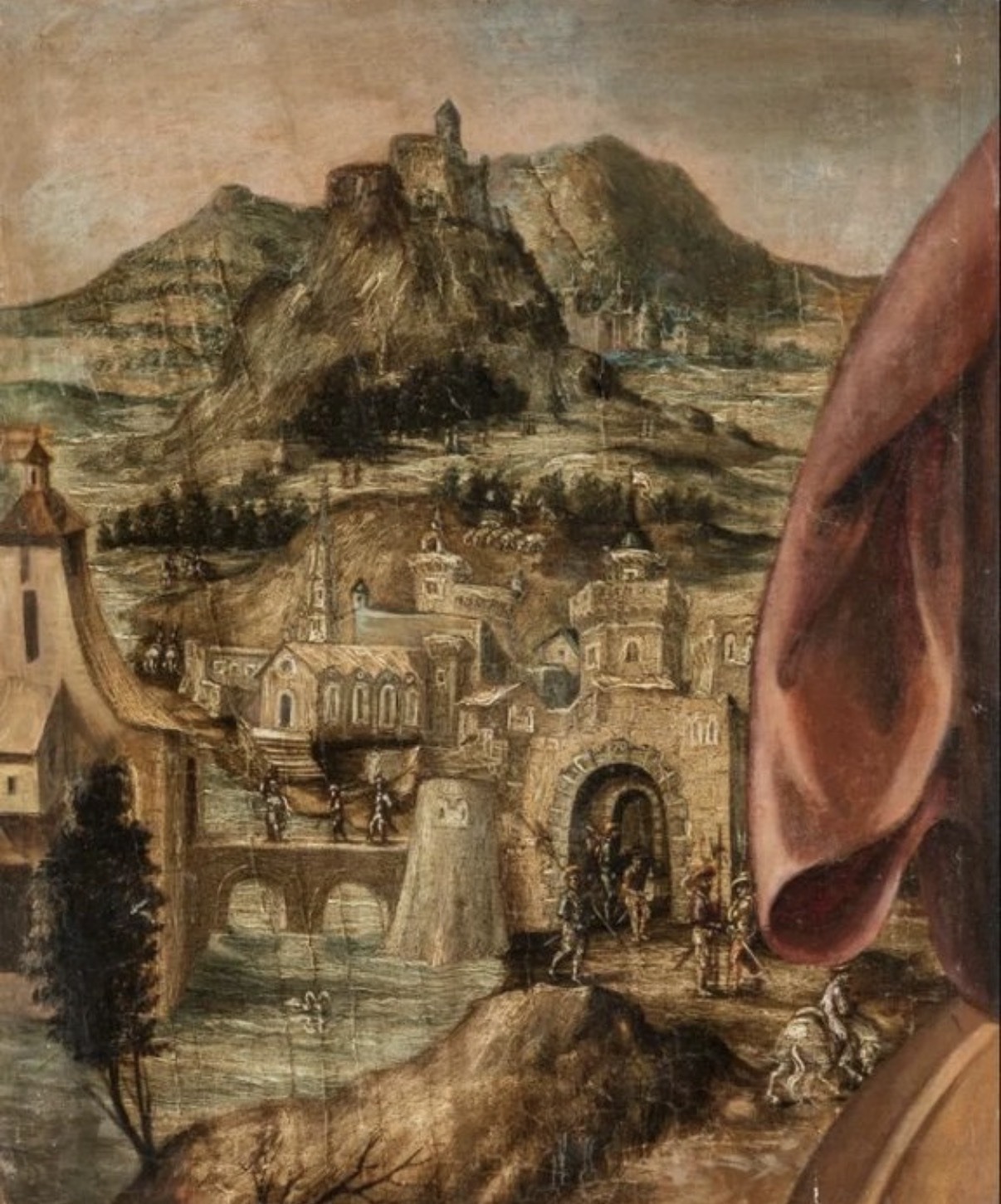 Submitted photo of Oil painting depicting a fortified town and mountainous landscape (unauthenticated)