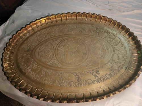 Large Etched Brass Oval Tray with Figural Scenes