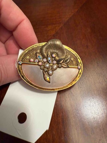 Oval Brooch with Pearlescent Panel, Faux Pearls, and Aurora Borealis Rhinestones