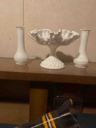 Fenton Milk Glass Hobnail Compote and Vases Set