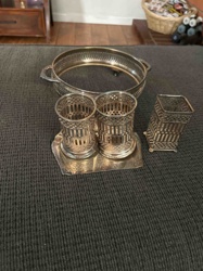 Antique Silver-Toned Cruet Set and Serving Dish