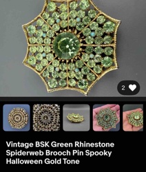Vintage BSK Green Rhinestone Spiderweb Brooch Pin