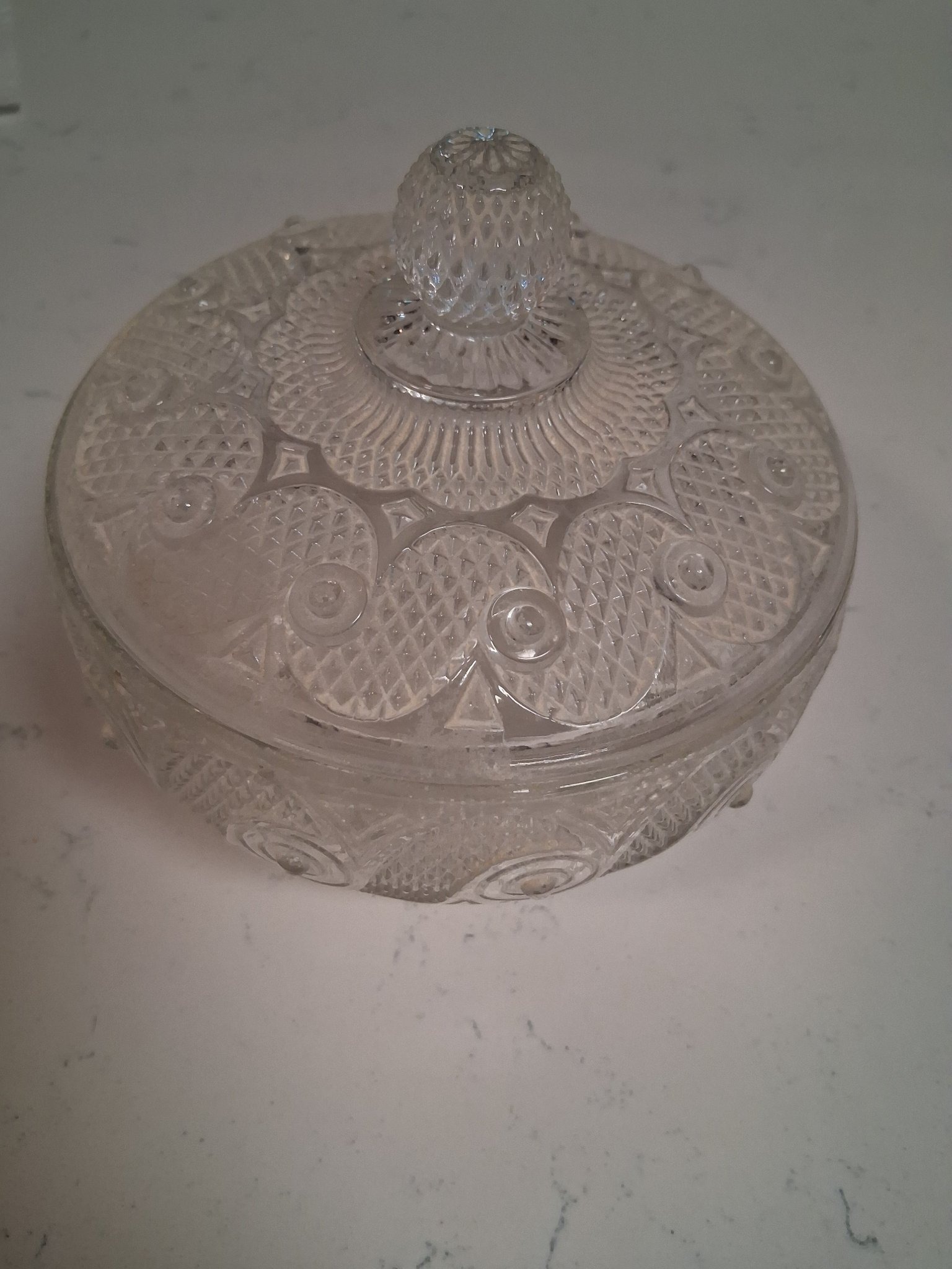 Submitted photo of Pressed clear glass covered dish, user-attributed to Avon