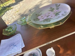 Hand-Painted Wild Rose Ceramic Plate on Green Glass Dish