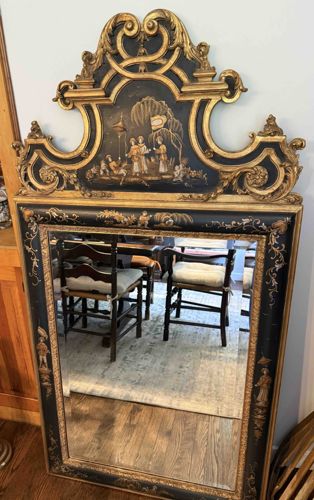 Ornate Black Lacquer Chinoiserie Style Wall Mirror with Gilt Decoration