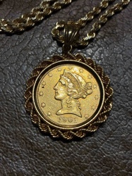 1901 Five Dollar Gold Liberty Head Half Eagle Coin Pendant with 14K Gold Rope Chain