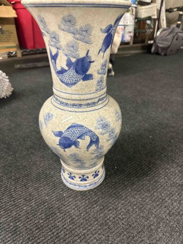 Blue and White Koi Fish and Pine Motif Crackle Glaze Ceramic Vase