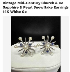 Vintage Mid-Century Church & Co 14K White Gold Sapphire & Pearl Snowflake Earrings