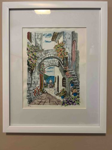 Mediterranean Street Scene Watercolor and Ink Illustration