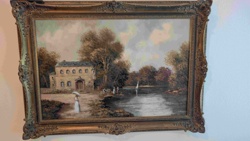 Riverside Estate Scene Oil Painting in Ornate Gilt Frame
