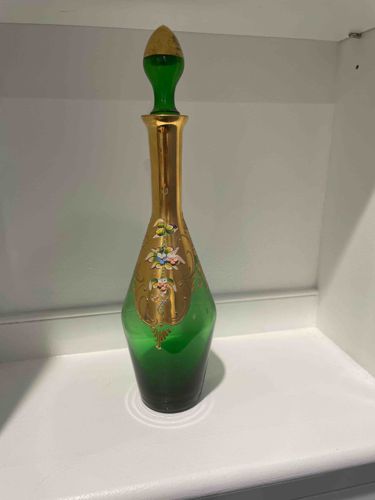 Emerald Green Gilt and Enamel Decorated Perfume Decanter with Stopper
