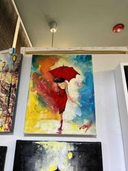 Abstract Figurative Painting of a Woman with Red Umbrella