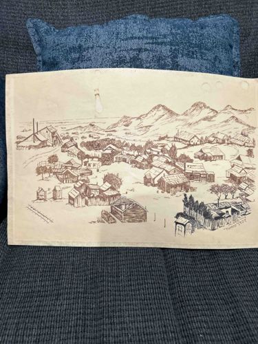 Vintage Illustrated Textile Placemat/Panel featuring Mining Town Scene