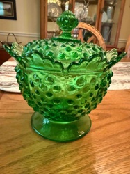 Green Hobnail Glass Compote with Lid