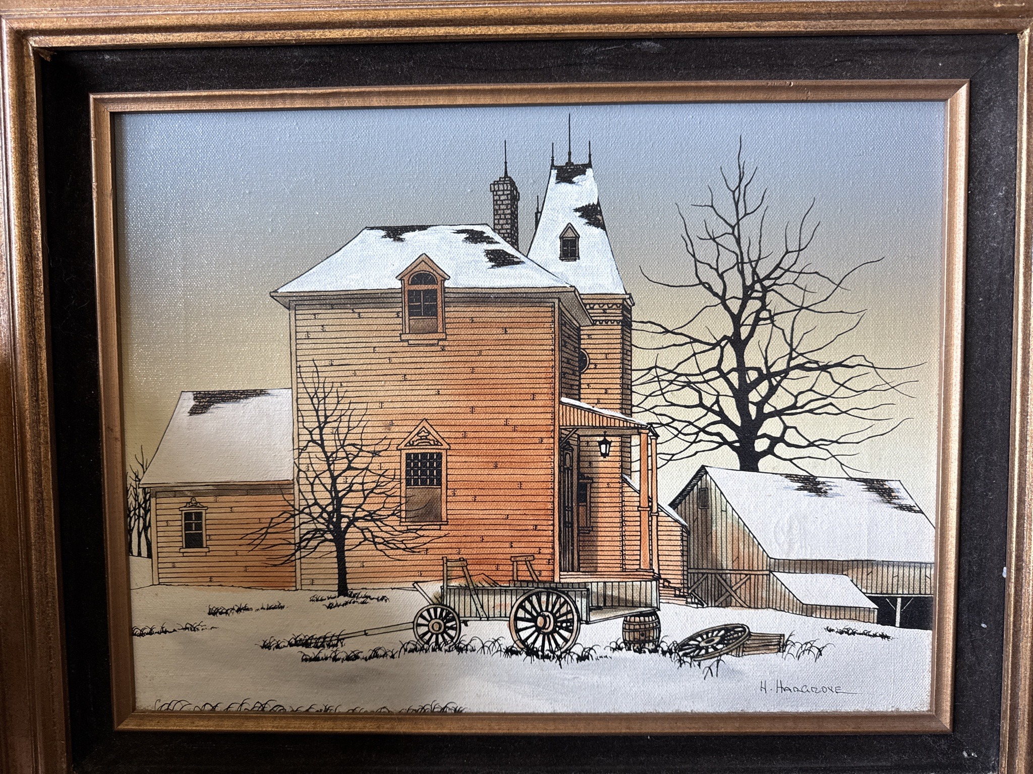 Submitted photo of Framed winter landscape painting in the style of folk art