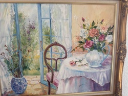 Impressionistic Floral and Interior Scene Oil Painting