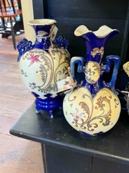 Pair of Decorative Cobalt Blue and Cream Floral Vases