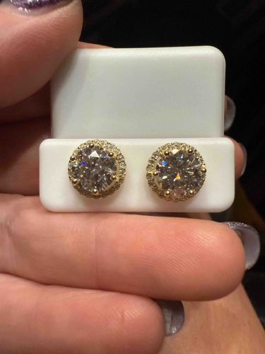 Sterling Silver Yellow Gold Plated 4.36 CTW WSD Color Moissanite Halo Stud Earrings
