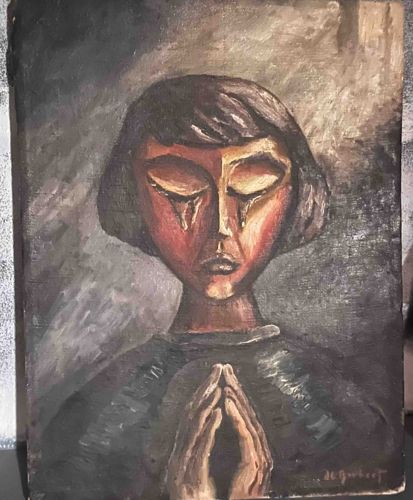 MCM Modernist Crying Figure Portrait Oil Painting (Signed DG Gubert)