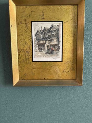 Framed Hand-Colored Engraving or Etching of an Old English Building