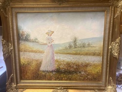 Impressionistic Painting of a Woman in a Landscape with Gilded Frame