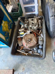 Assorted Automotive Parts and Tools in Storage Bin