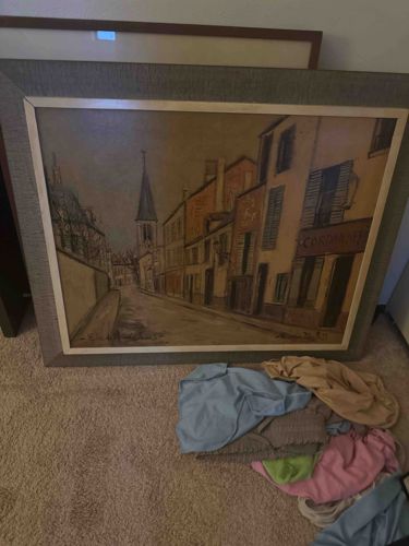 Framed European Street Scene Painting