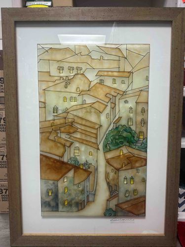 Framed Watercolor Painting of a European Townscape