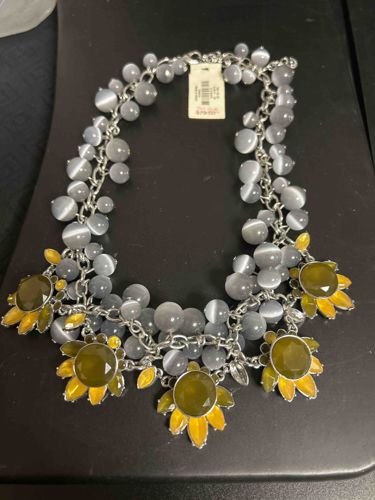 Talbots Gray Cat's Eye Beaded & Floral Statement Necklace