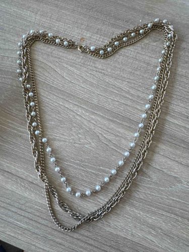Multi-Strand Gold-Tone Chain and Faux Pearl Necklace