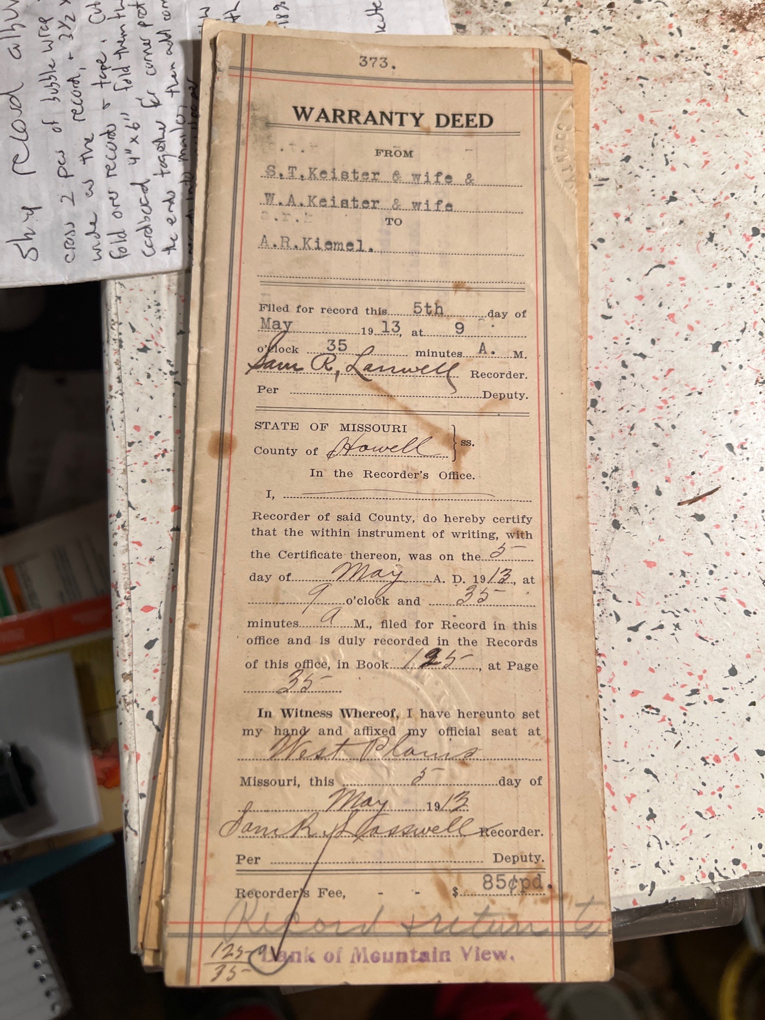 Submitted photo of Warranty Deed Document, Dated May 5, 1913
