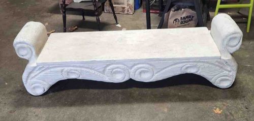 Concrete Garden Bench with Volute Arms and Frieze Detail