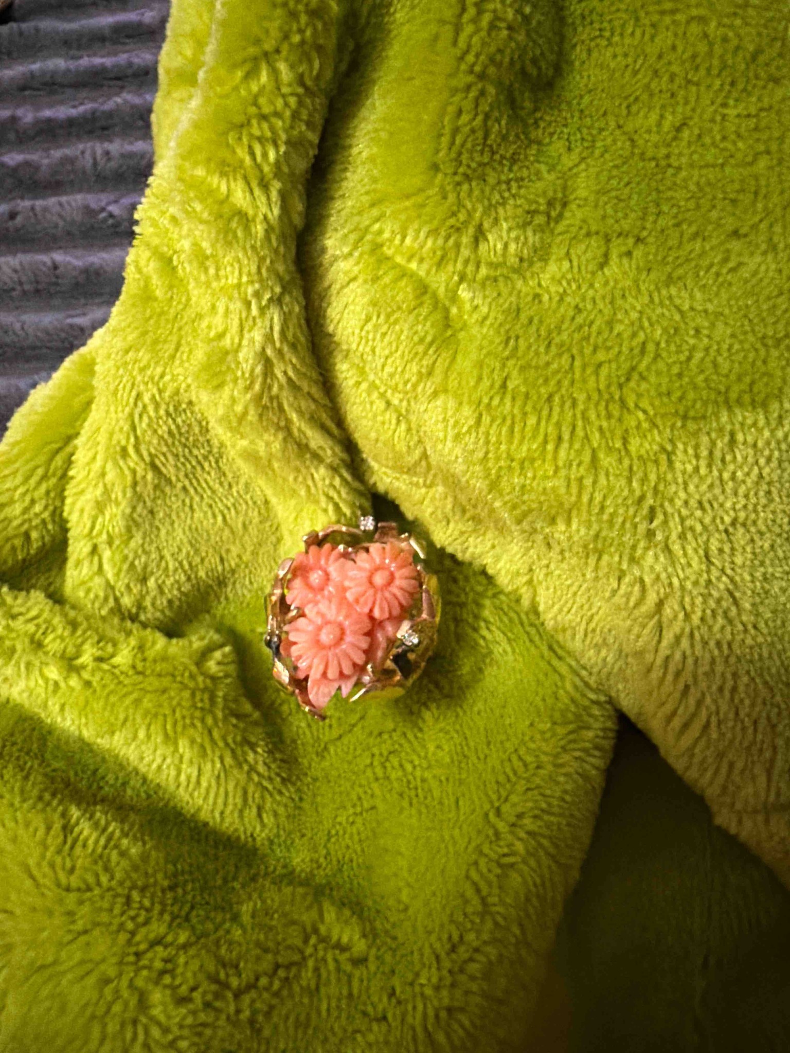 Vintage Carved Salmon Coral and Diamond Cocktail Ring