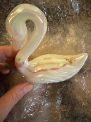 Iridescent Ceramic Swan Figurine with '1st Anniversary' Inscription