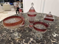 Cranberry Flashed Cut-to-Clear Crystal Decanter, Compotes, and Covered Trinket Box Set