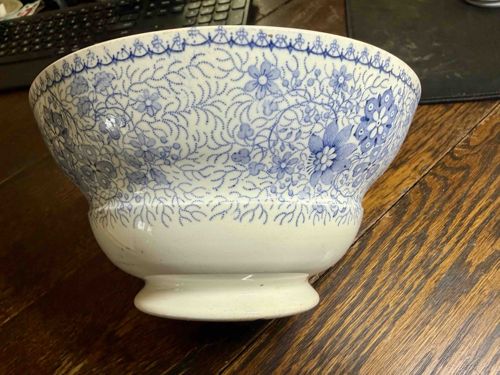 Blue and White Transferware Bowl with Floral and Leafy Pattern