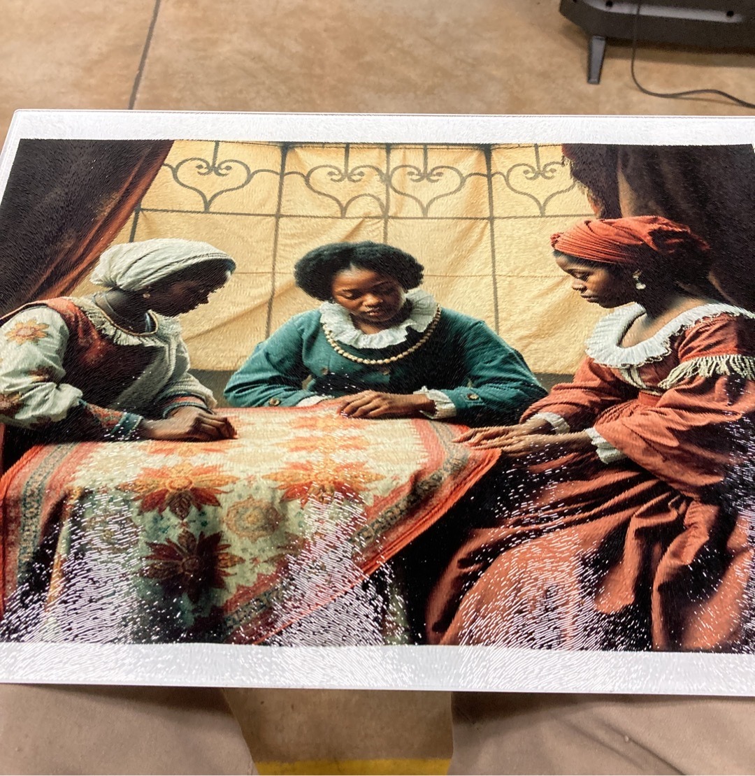 Submitted photo of Glass cutting board with three women print